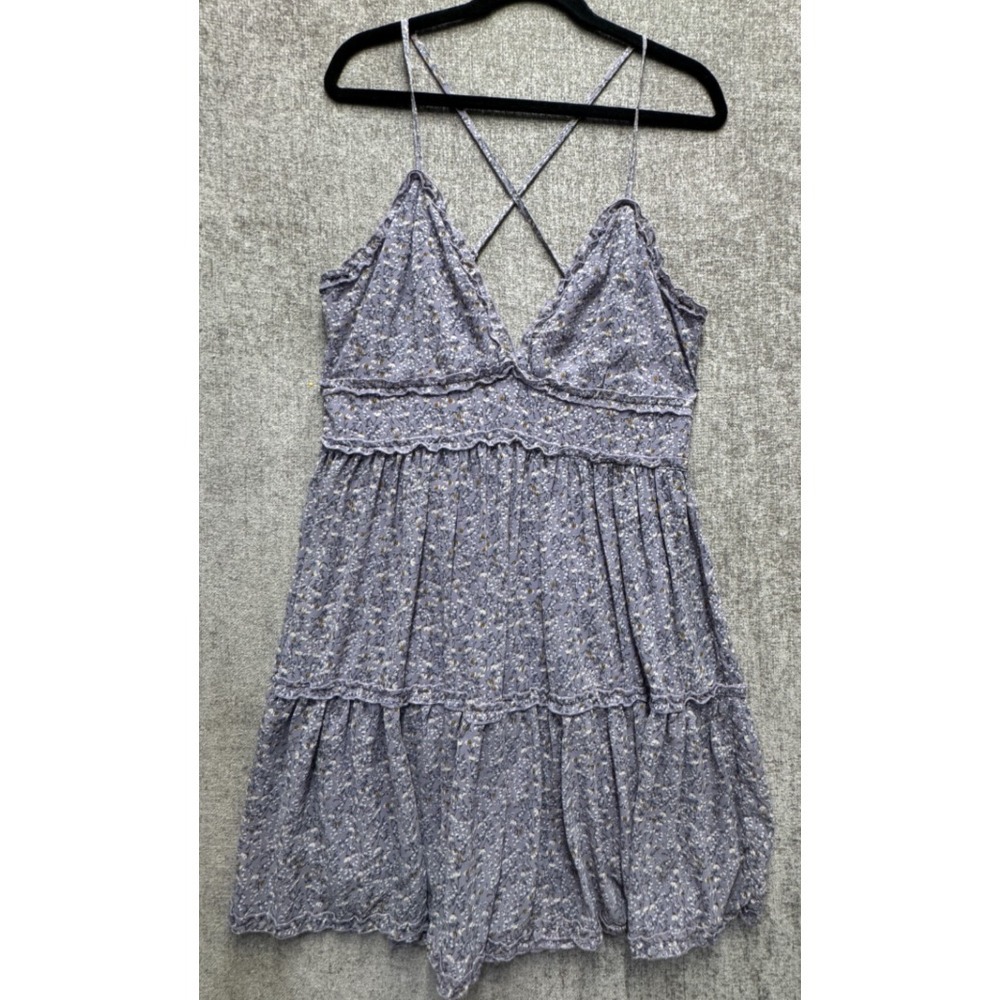 She + Sky Boho Floral Babydoll Mini Dress Open Back Ruffle Trim Size L Purple